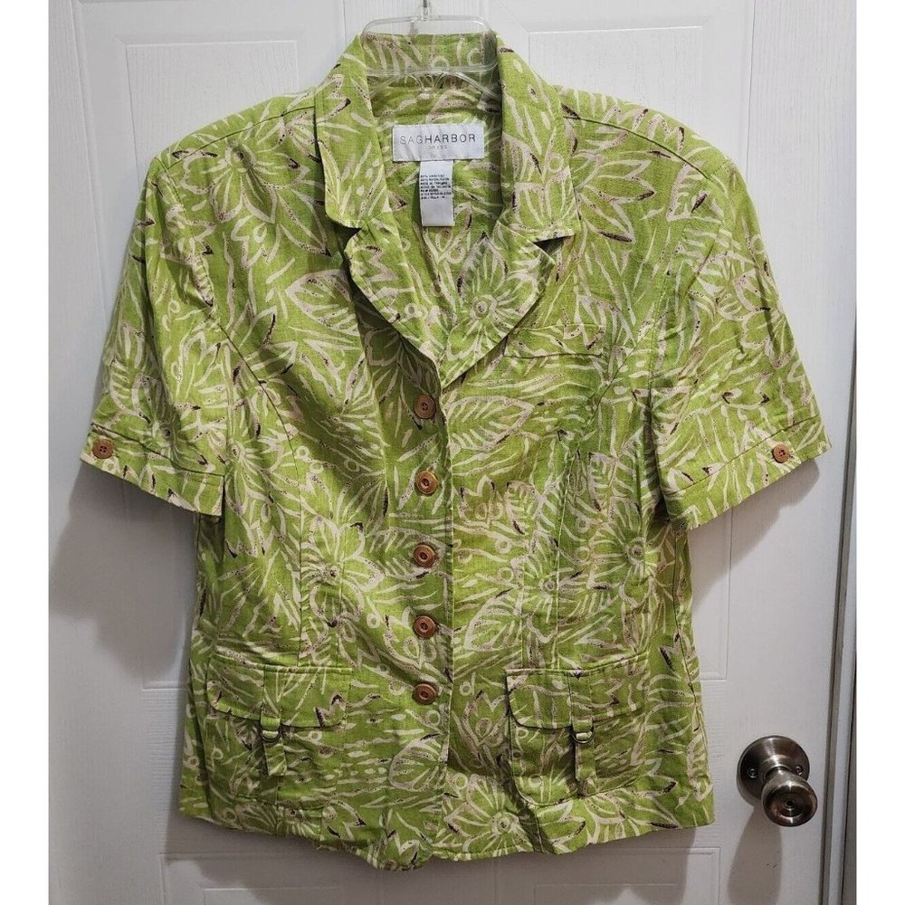 Sag Harbor Women's Short Sleeve Button Up Blazer Jacket Linen Blend Green Sz 14